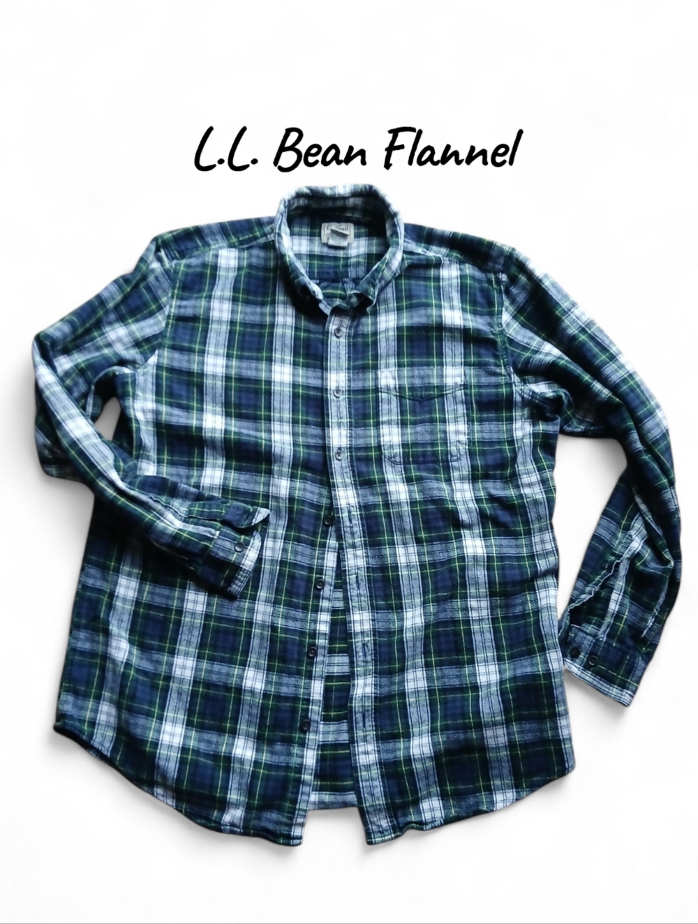 L.L. Bean Men's Green and Blue Plaid Flannel Button-Down Shirt